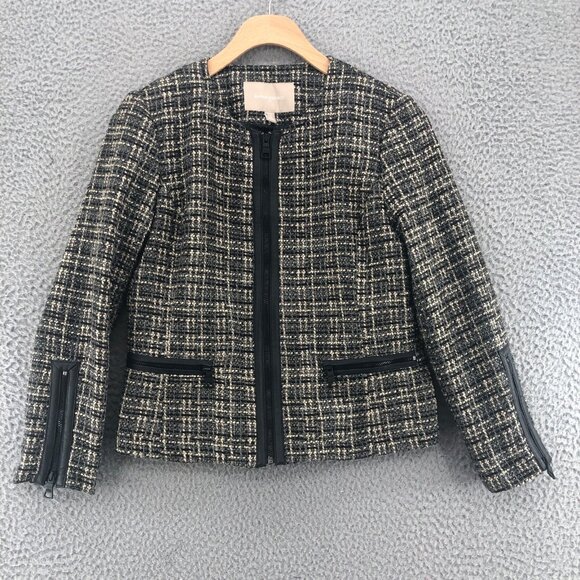 Banana Republic Blazer Womens 2 Petite Gray Wool Blend Tweed Zip 3/4 Sleeve PU - Picture 1 of 12